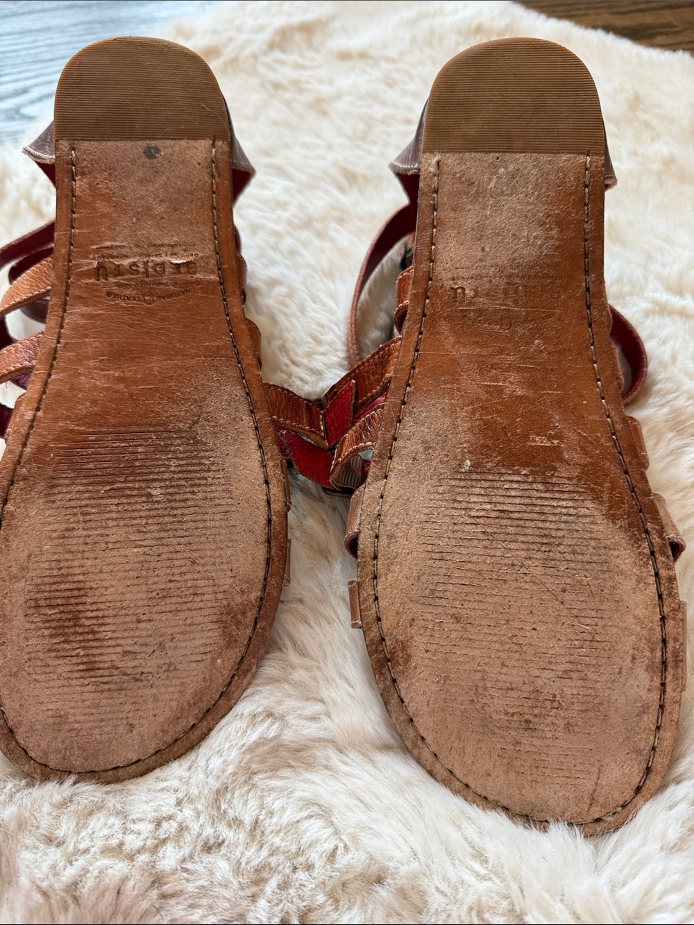 BED|STU Tan Leather Multi-Strap Ankle Wrap Sandals with Red Lining - Picture 4 of 4